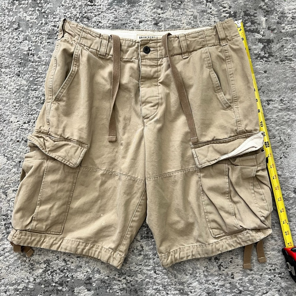 VTG Abercrombie Fitch Baggy Cargo Shorts Mens 33 Tan Distressed Heavy Canvas Y2K